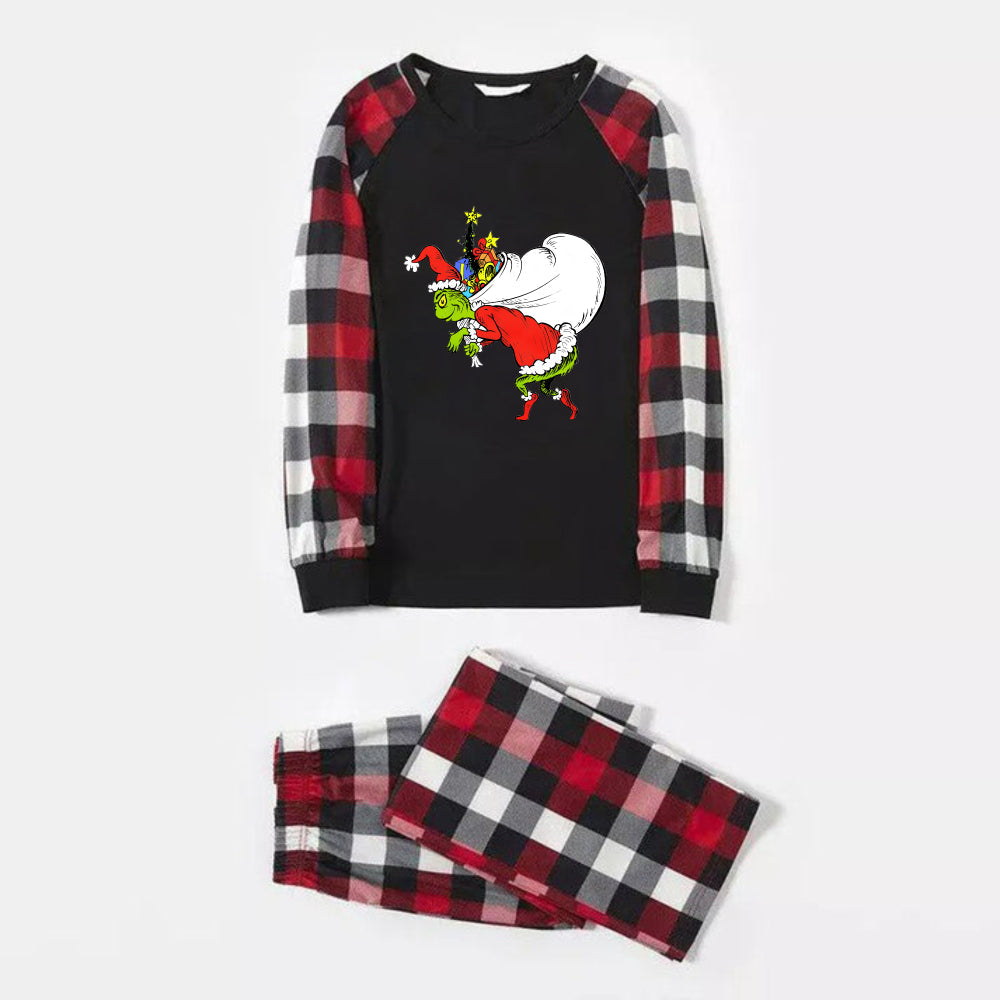Christmas Family Matching Pajamas-Red and Gray Plaid Pjs set with Funny Grinch Print