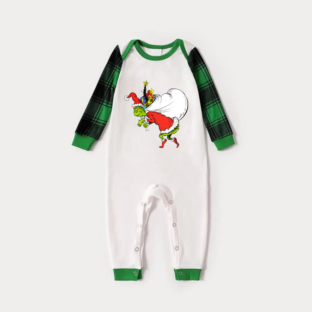 Green Raglan Top Green Plaid Christmas Pajamas Set With Funny Grinch Print