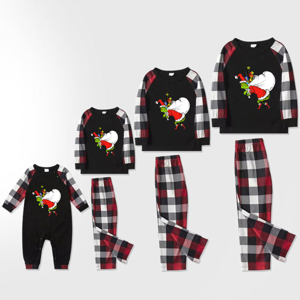 Christmas Family Matching Pajamas-Red and Gray Plaid Pjs set with Funny Grinch Print