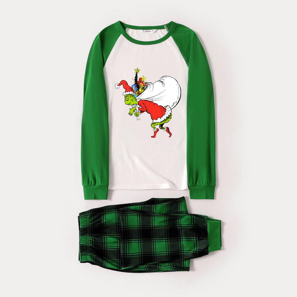 Green Raglan Top Green Plaid Christmas Pajamas Set With Funny Grinch Print