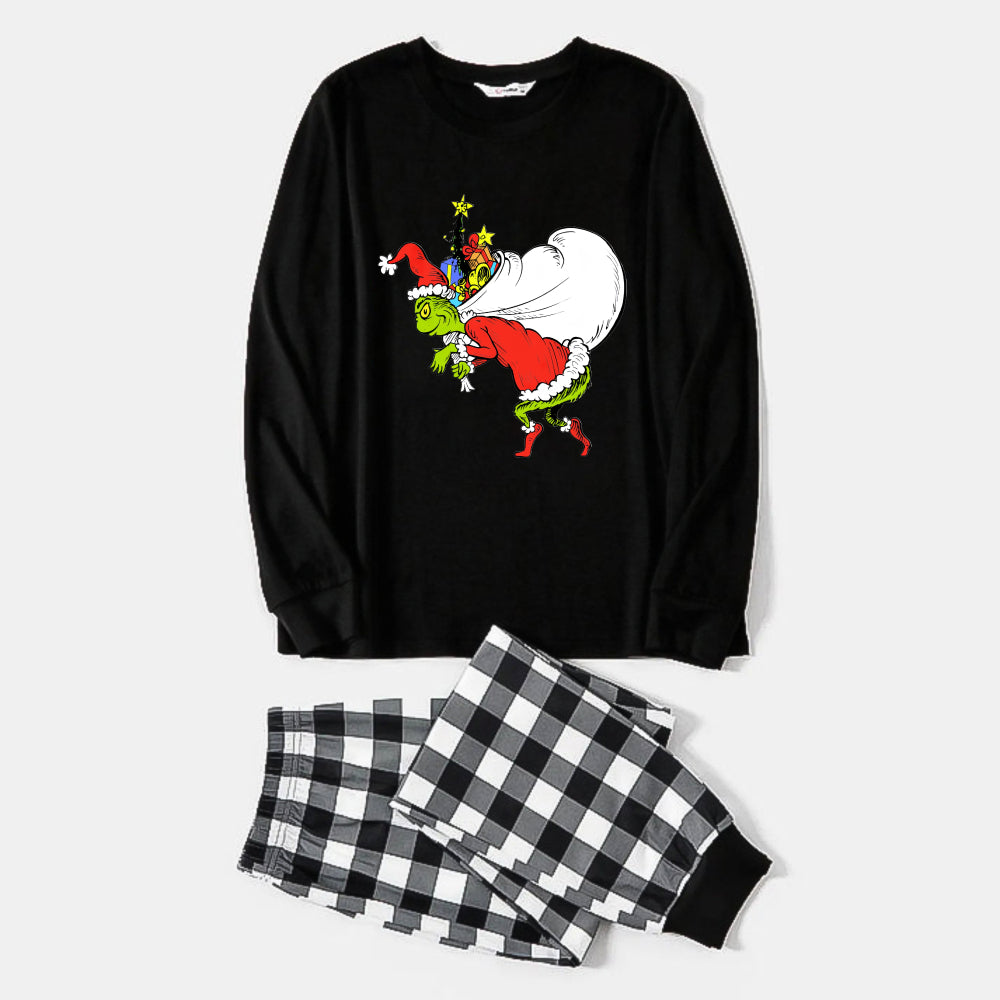 Black and White Plaid Christmas Pajamas Set With Funny Grinch Print