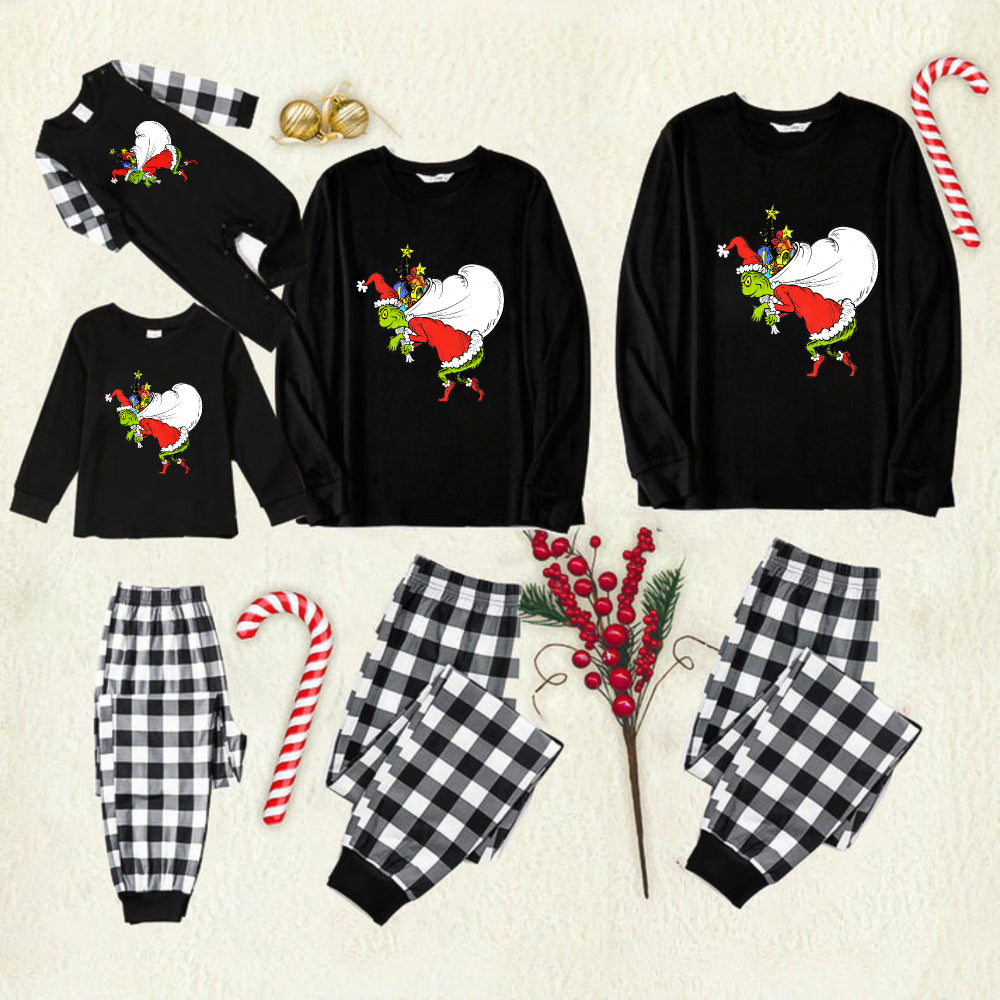 Black and White Plaid Christmas Pajamas Set With Funny Grinch Print