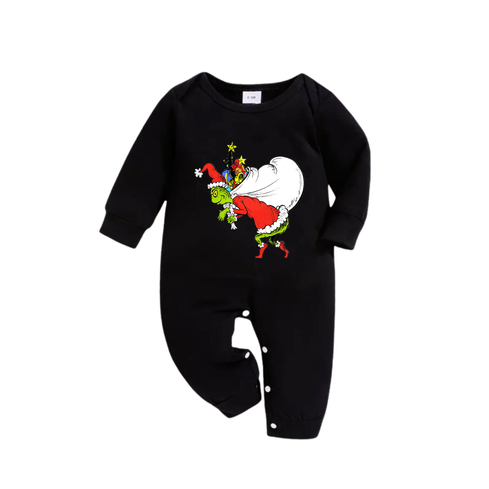 Christmas Family Matching Pajamas-Black Top and Green Plaid Pants Pjs Set with Funny Grinch Print