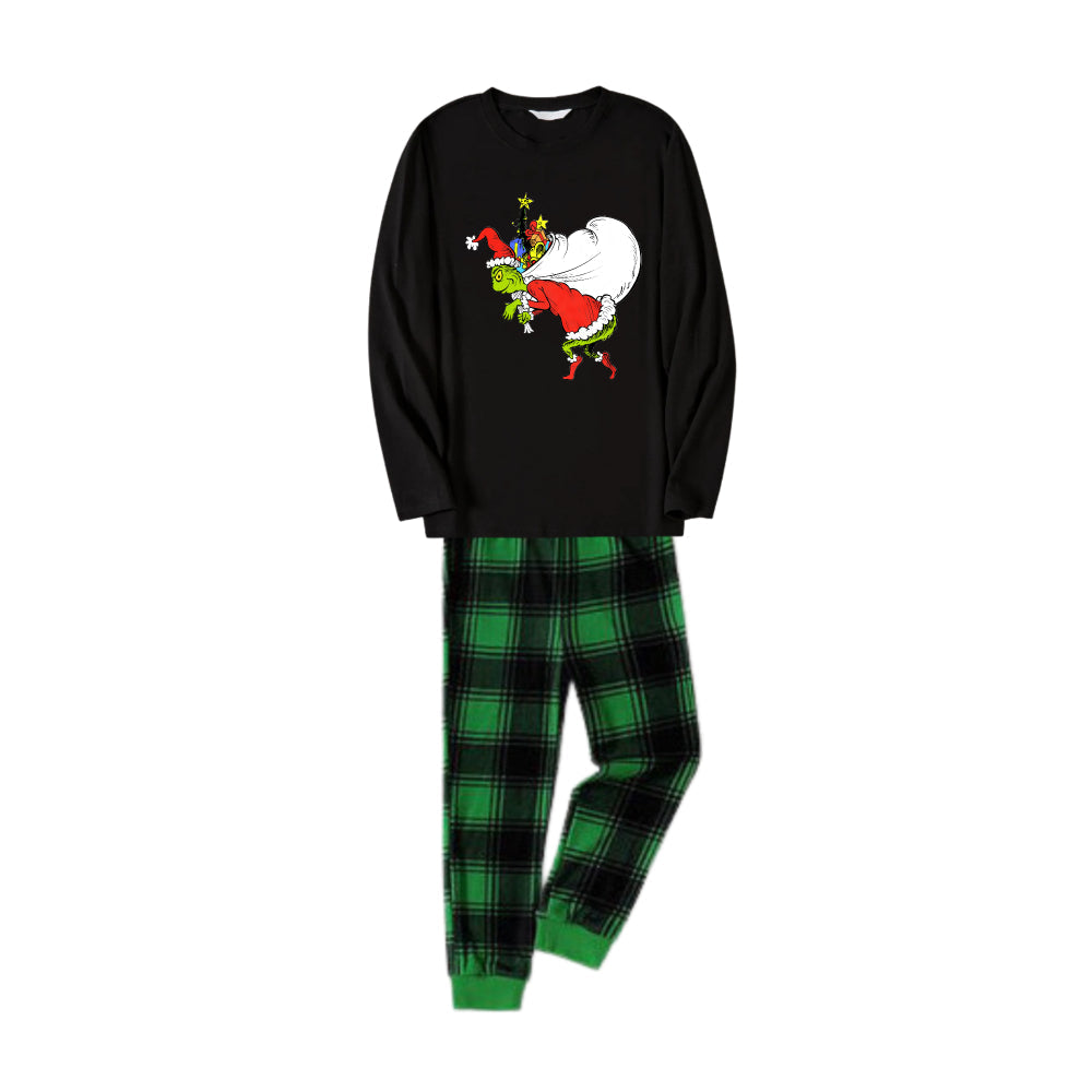 Christmas Family Matching Pajamas-Black Top and Green Plaid Pants Pjs Set with Funny Grinch Print