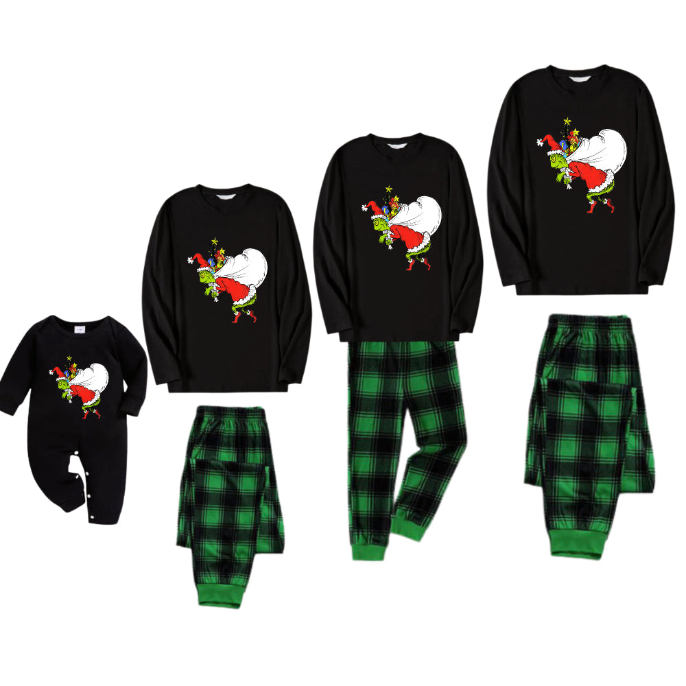 Christmas Family Matching Pajamas-Black Top and Green Plaid Pants Pjs Set with Funny Grinch Print