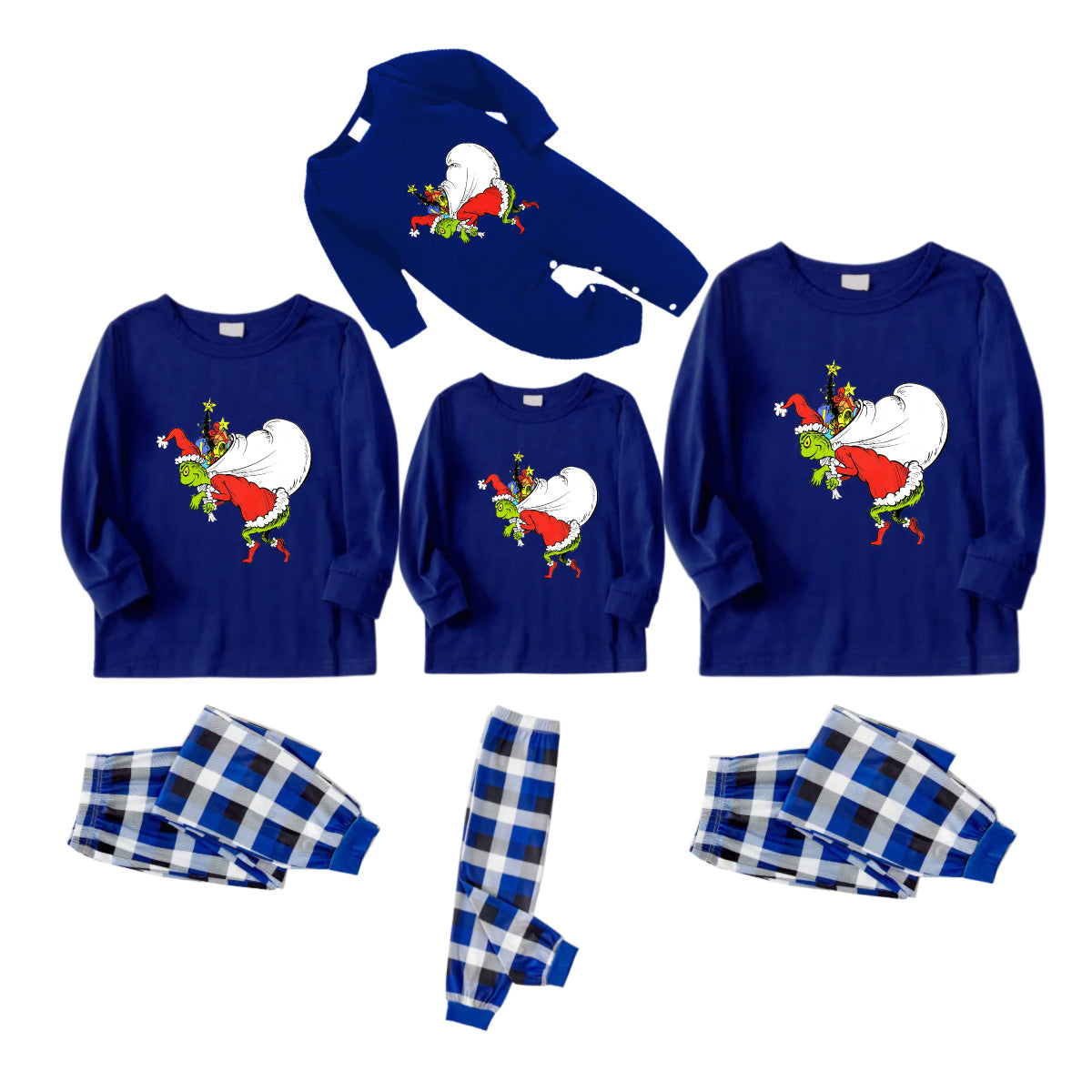 Christmas Family Matching Pajamas-Navy & White Plaid Pjs Set with Funny Grinch Print