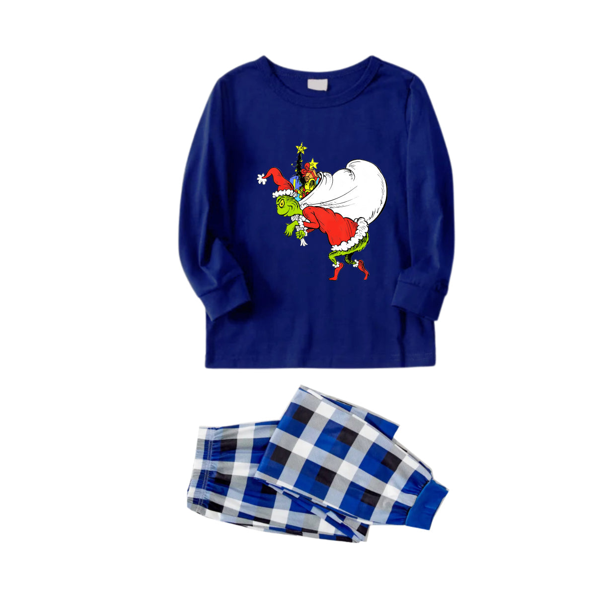 Christmas Family Matching Pajamas-Navy & White Plaid Pjs Set with Funny Grinch Print