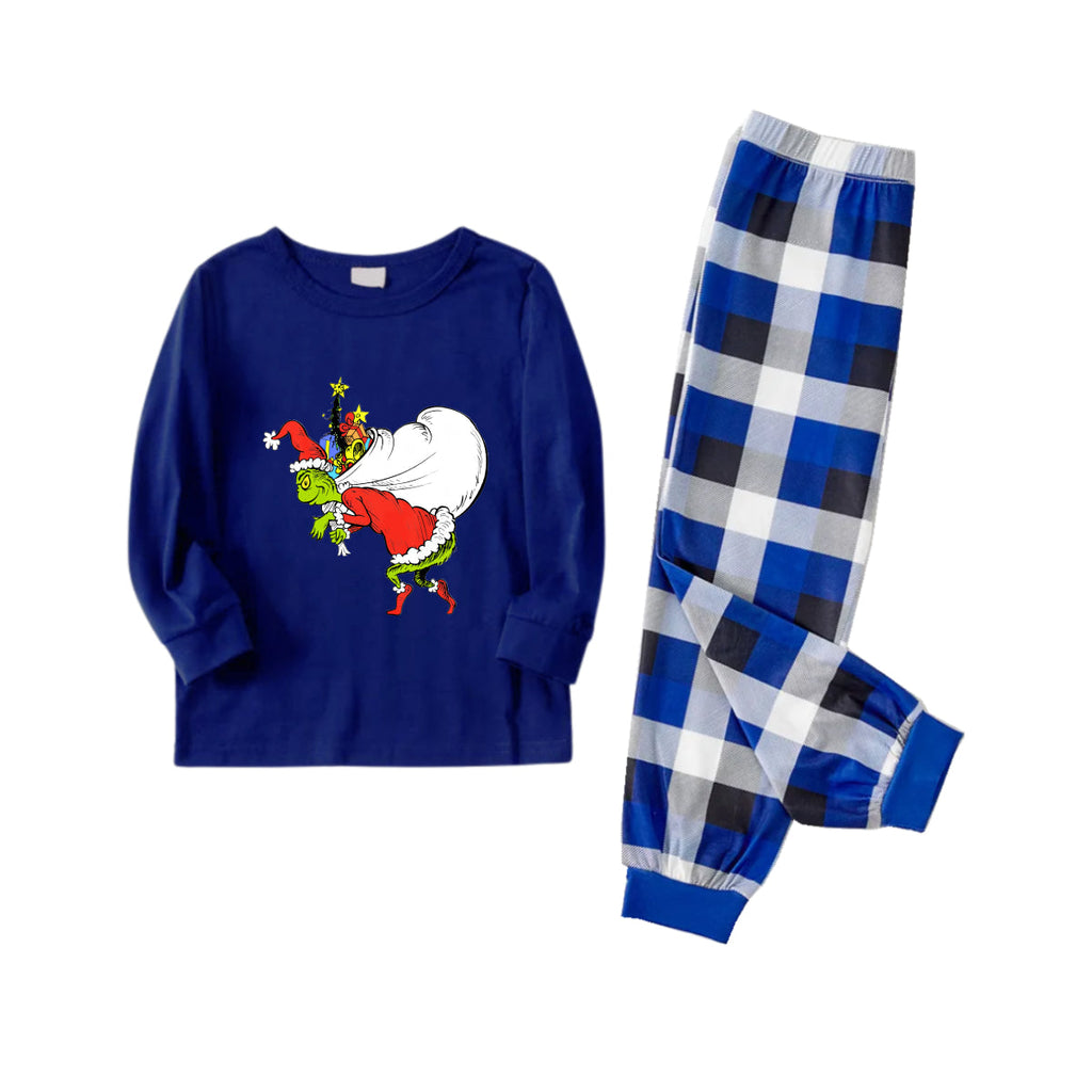 Christmas Family Matching Pajamas-Navy & White Plaid Pjs Set with Funny Grinch Print