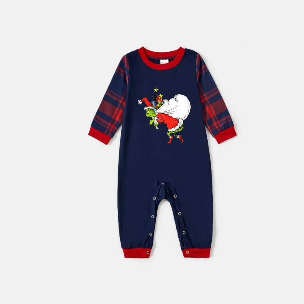 Christmas Family Matching Pajamas-Navy & Red Plaid Pjs Set with Funny Grinch Print