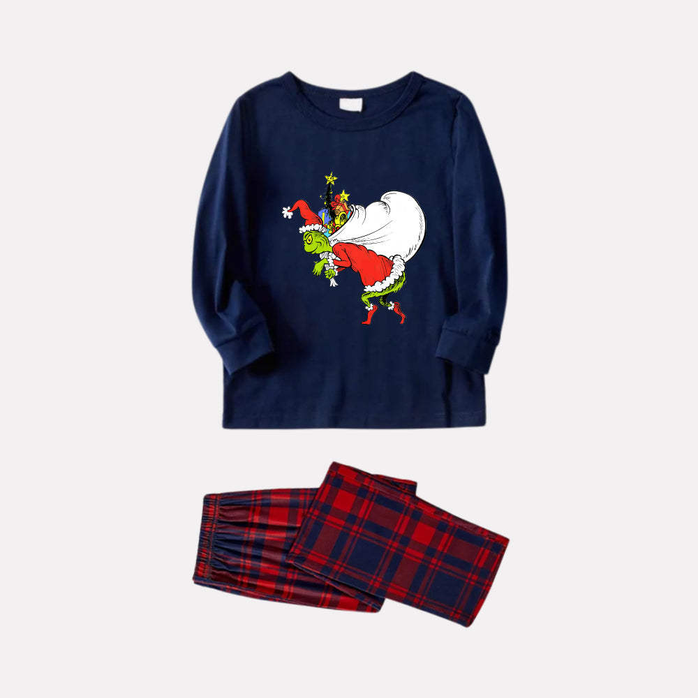 Christmas Family Matching Pajamas-Navy & Red Plaid Pjs Set with Funny Grinch Print