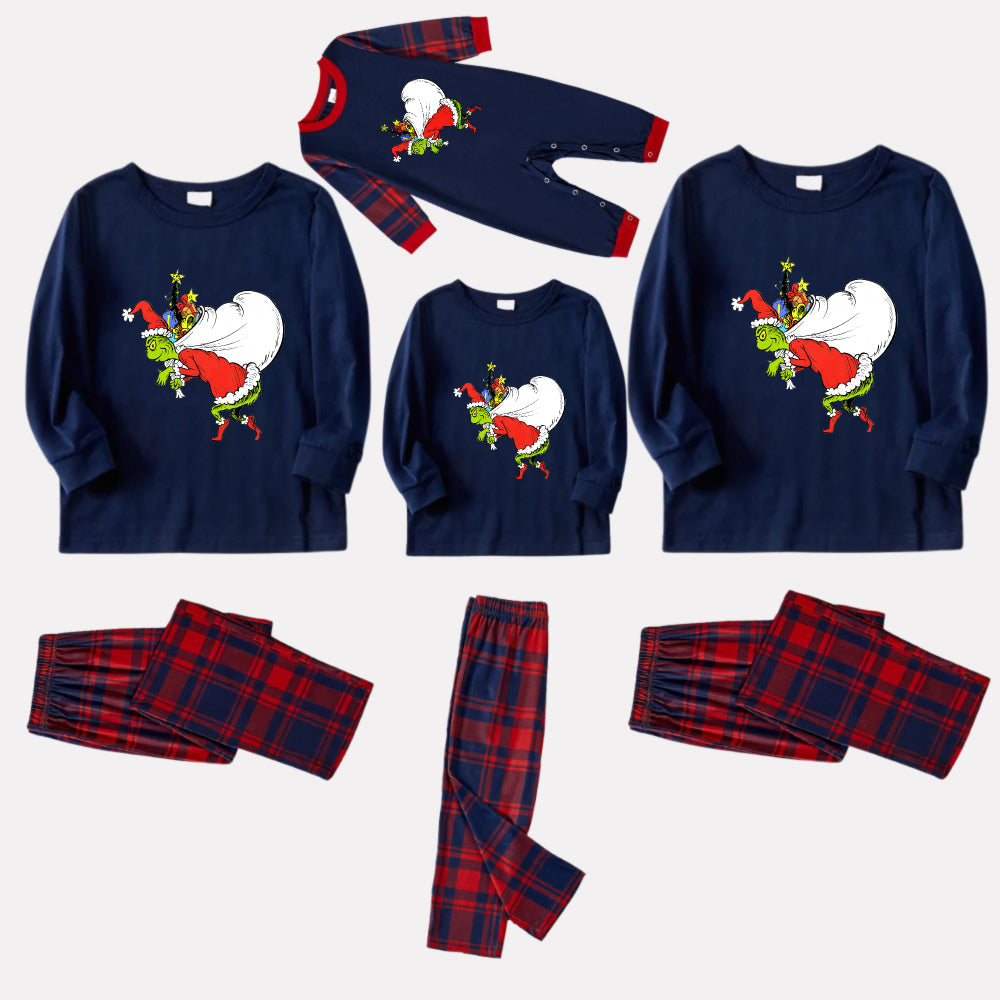 Christmas Family Matching Pajamas-Navy & Red Plaid Pjs Set with Funny Grinch Print
