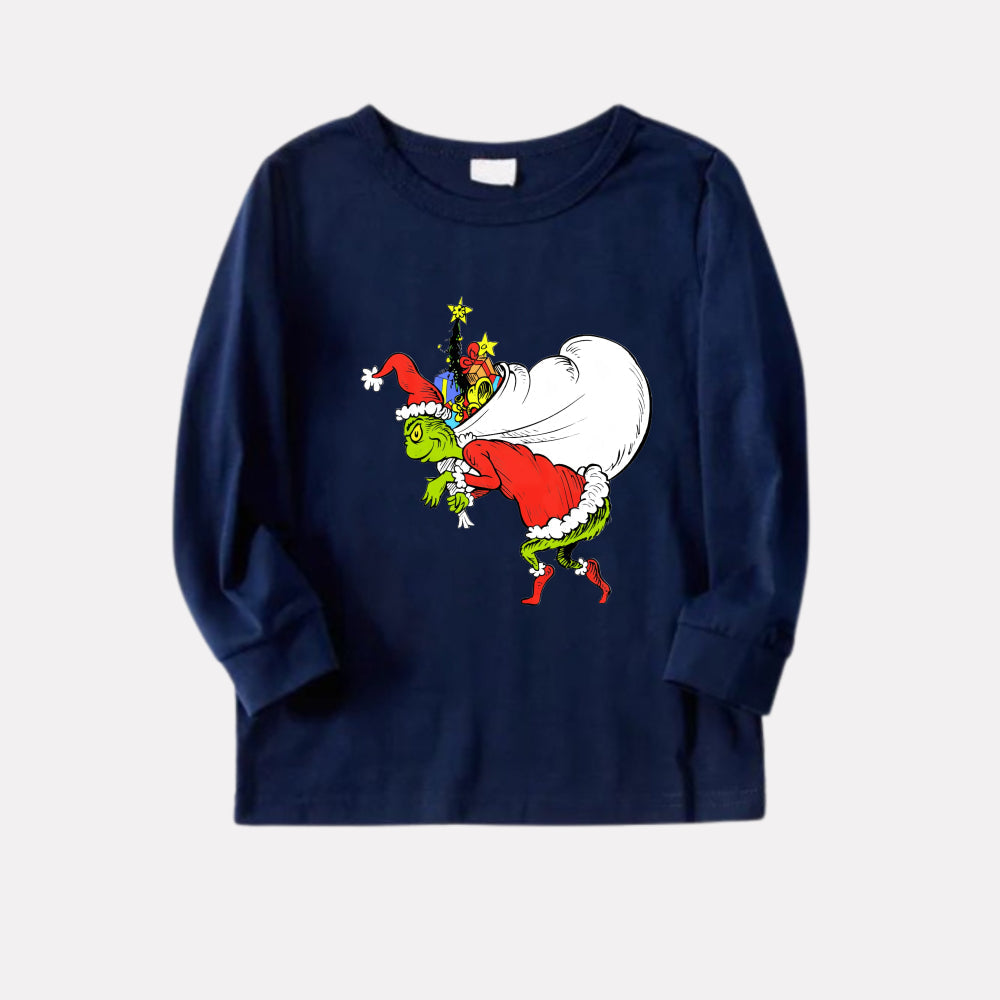 Christmas Family Matching Pajamas-Navy & Sky Blue Plaid Pjs Set with Funny Grinch Print