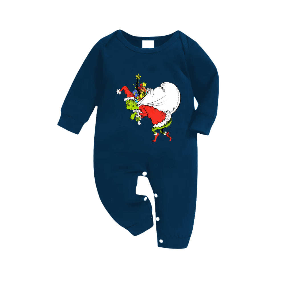 Christmas Family Matching Pajamas-Navy & Sky Blue Plaid Pjs Set with Funny Grinch Print