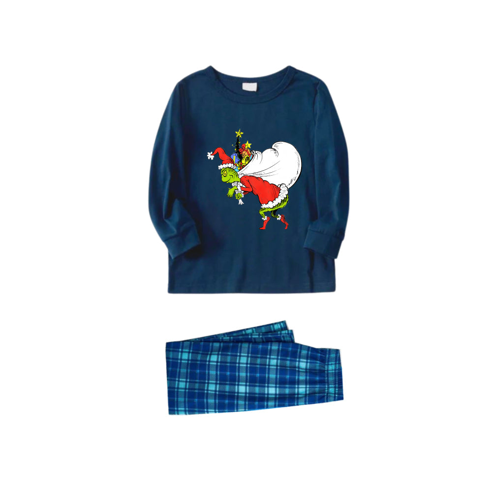 Christmas Family Matching Pajamas-Navy & Sky Blue Plaid Pjs Set with Funny Grinch Print