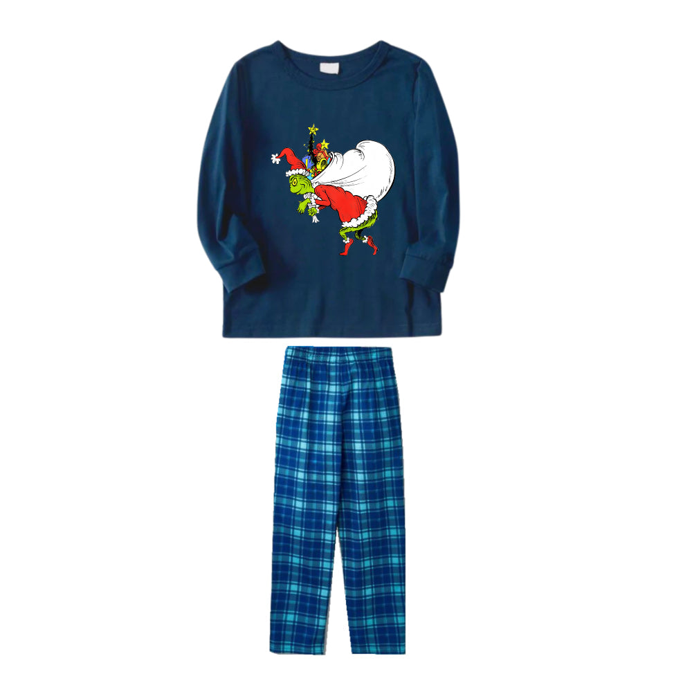 Christmas Family Matching Pajamas-Navy & Sky Blue Plaid Pjs Set with Funny Grinch Print