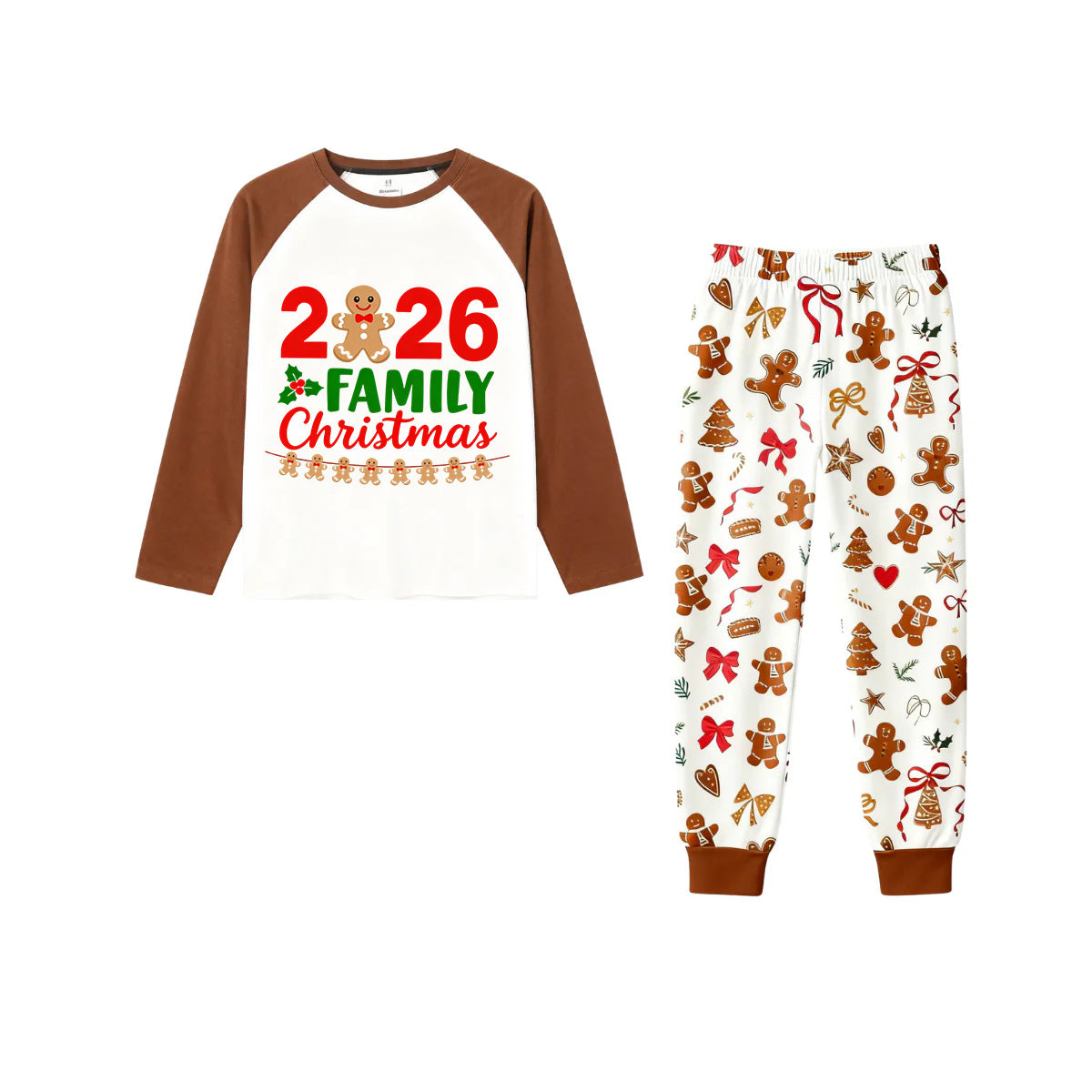 2026 Pattern Print - Brown Top & Gingerbread Man Print Pants Family Matching Christmas Pajamas Set