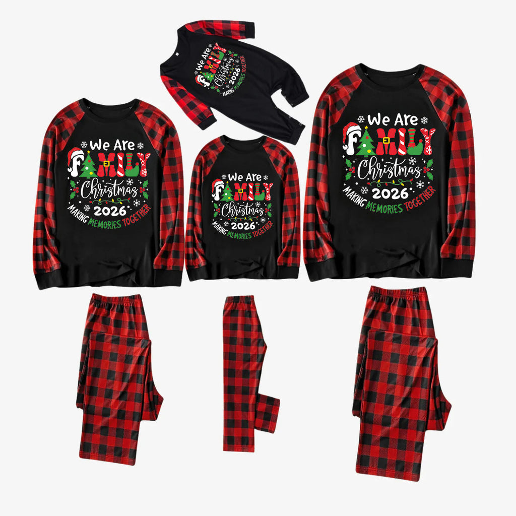 "We are Family 2026 Christmas Make Memories Together" Slogan Print Black & Red Plaid Family Matching Black Pajamas