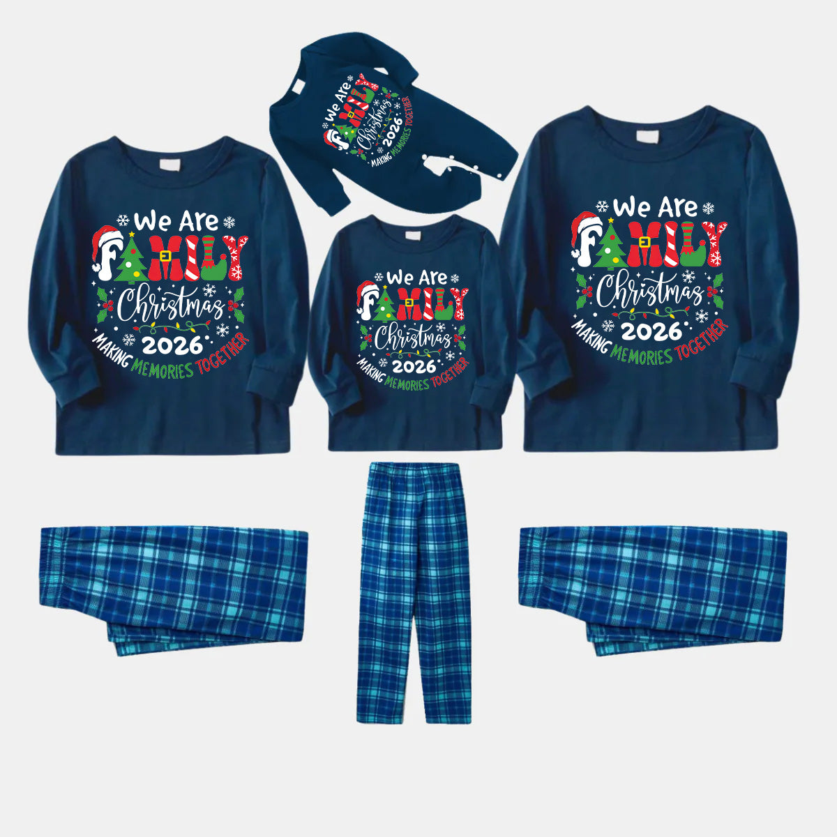 "We are Family" 2026 Christmas Wreath - Blue Long Sleeve Top With Blue Plaid Family Matching Pajamas