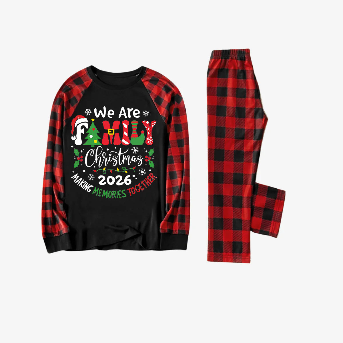 "We are Family 2026 Christmas Make Memories Together" Slogan Print Black & Red Plaid Family Matching Black Pajamas
