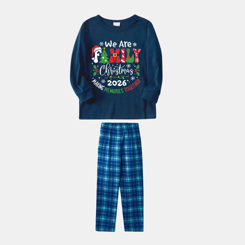 "We are Family" 2026 Christmas Wreath - Blue Long Sleeve Top With Blue Plaid Family Matching Pajamas