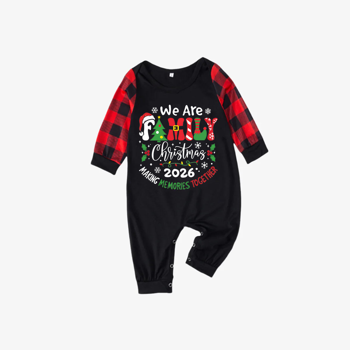 "We are Family 2026 Christmas Make Memories Together" Slogan Print Black & Red Plaid Family Matching Black Pajamas