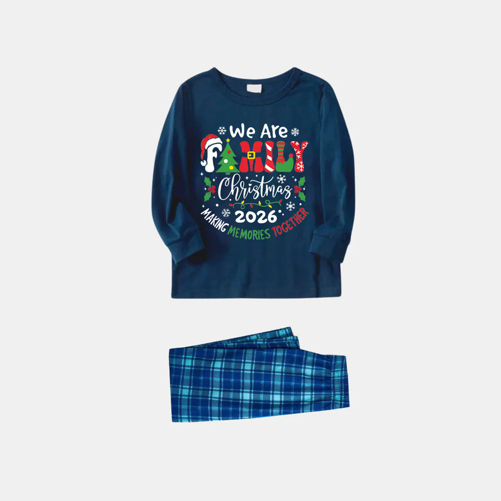 "We are Family" 2026 Christmas Wreath - Blue Long Sleeve Top With Blue Plaid Family Matching Pajamas