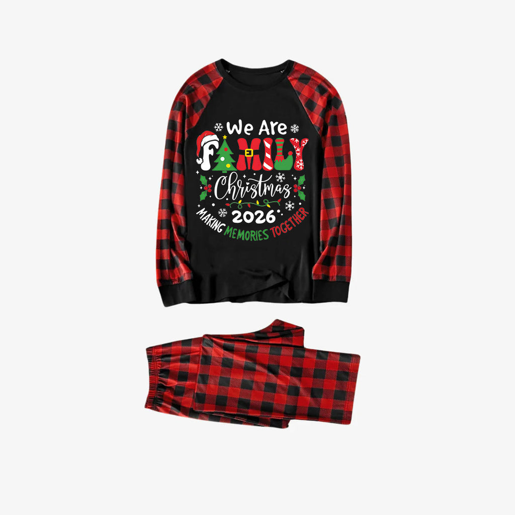"We are Family 2026 Christmas Make Memories Together" Slogan Print Black & Red Plaid Family Matching Black Pajamas