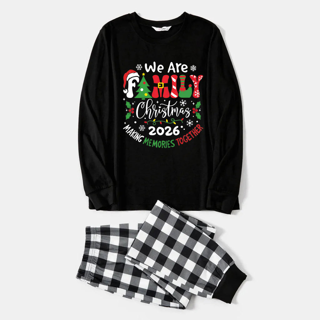 "We are Family 2026 Christmas Make Memories Together" Slogan Print Black Long Sleeve Top with Black And White Plaid Pants Family Matching Pajamas