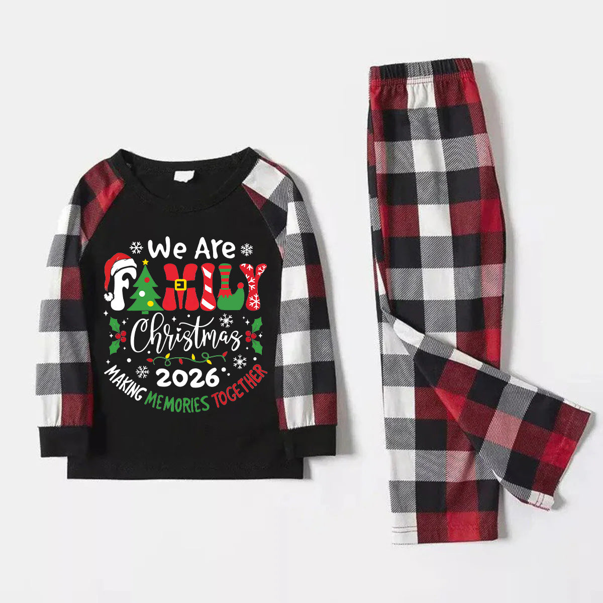 "We are Family 2026 Christmas Make Memories Together" Slogan Print Black Top With Red & Black & Grey & White Plaid Family Matching Pajamas