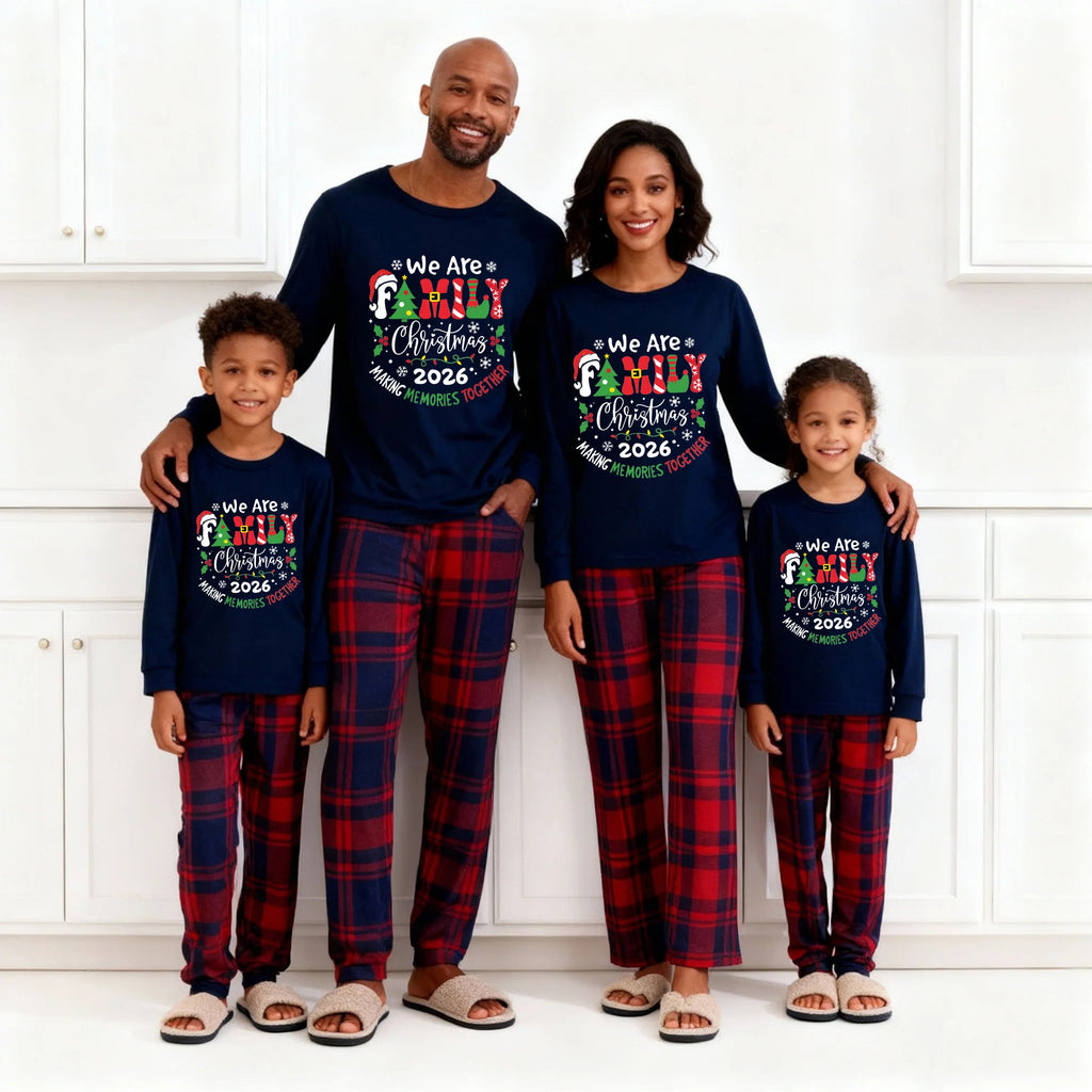 "We are Family" 2026 Christmas Wreath - Blue Long Sleeve Top with Blue & Red Plaid Family Matching Pajamas