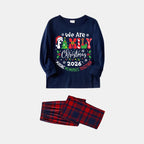 "We are Family" 2026 Christmas Wreath - Blue Long Sleeve Top with Blue & Red Plaid Family Matching Pajamas