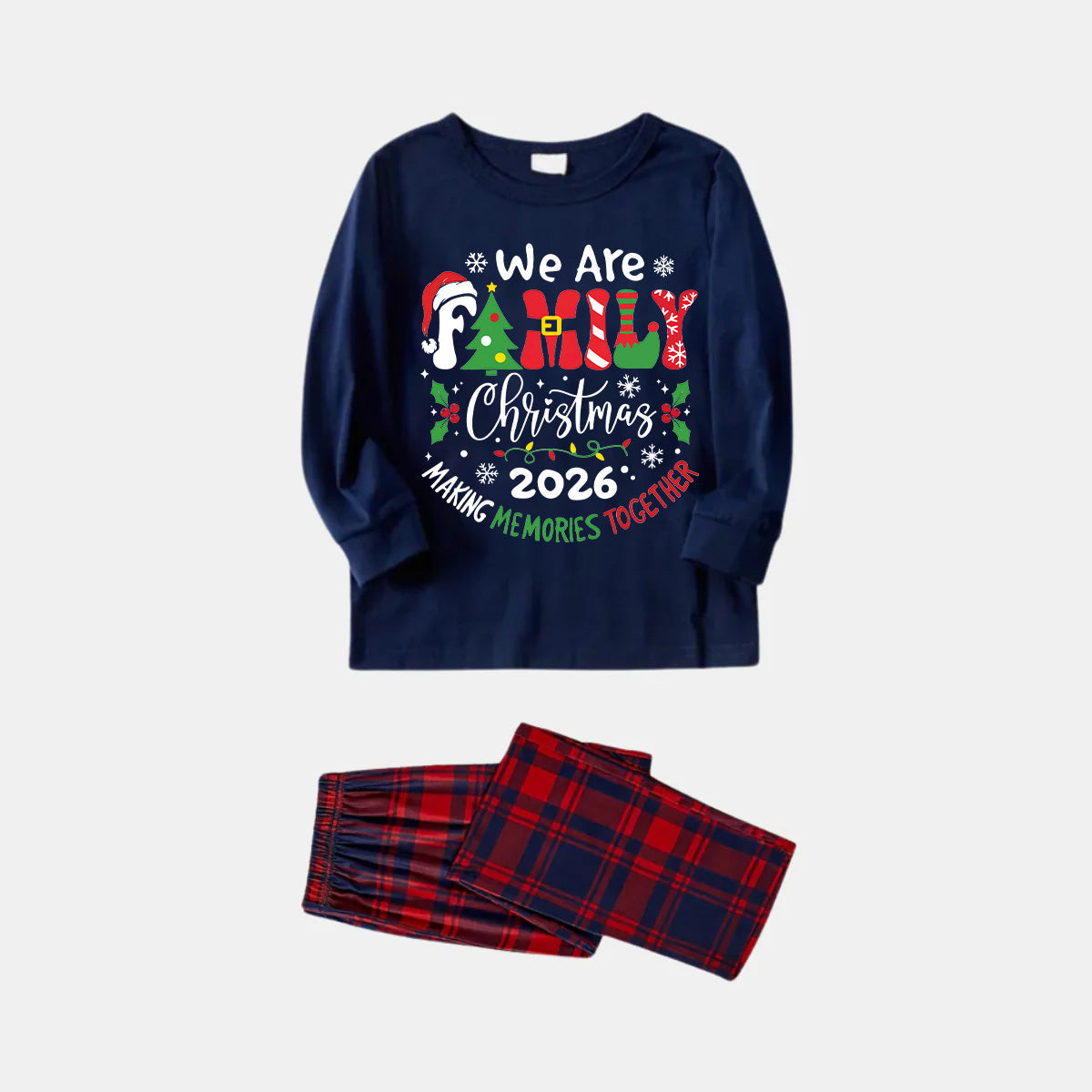 "We are Family" 2026 Christmas Wreath - Blue Long Sleeve Top with Blue & Red Plaid Family Matching Pajamas