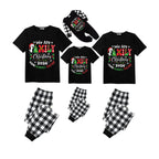 We Are Family Making Memories Together Christmas 2026 Pajamas Set - Black Top Black and White Plaid Pants Colorful Text Graphic