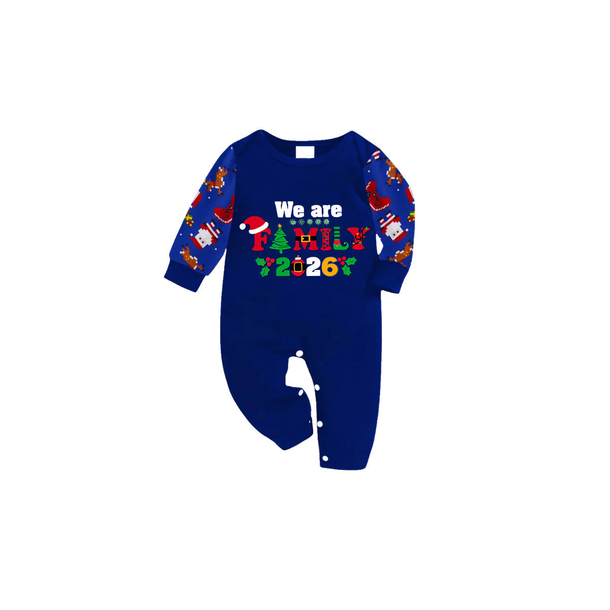 We Are Family Christmas 2026 Family Pajamas Set - Blue Top, Blue Pants, Blue Christmas Cartoon Sleeves