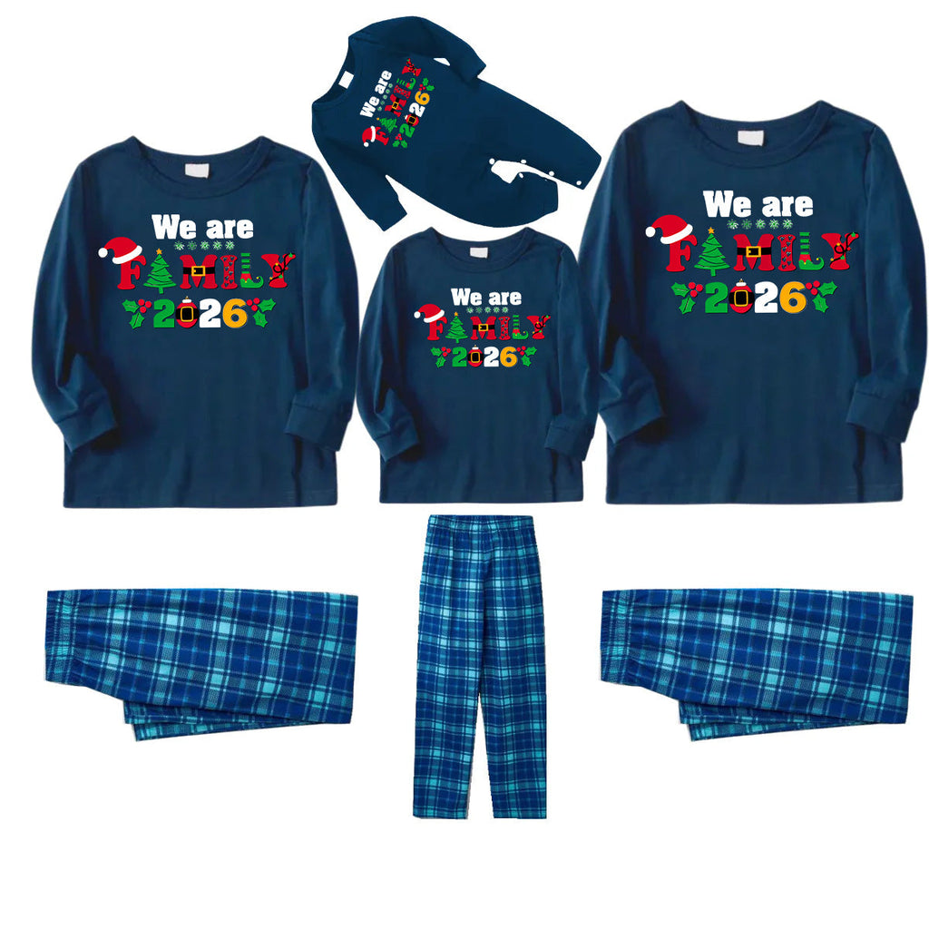 Christmas We are Family 2026 Letter Print Blue Long Sleeve Top With Blue Plaid Family Matching Pajamas