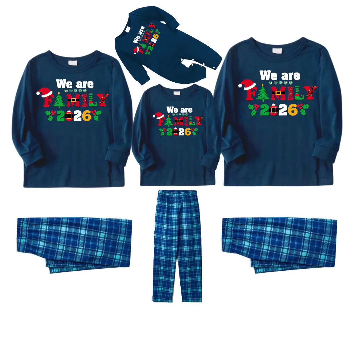 Christmas We are Family 2026 Letter Print Blue Long Sleeve Top With Blue Plaid Family Matching Pajamas