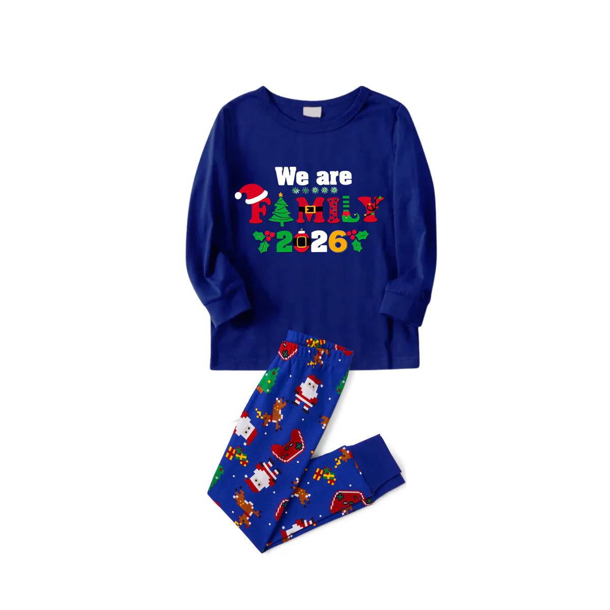 We Are Family Christmas 2026 Family Pajamas Set - Blue Top, Blue Pants, Blue Christmas Cartoon Sleeves