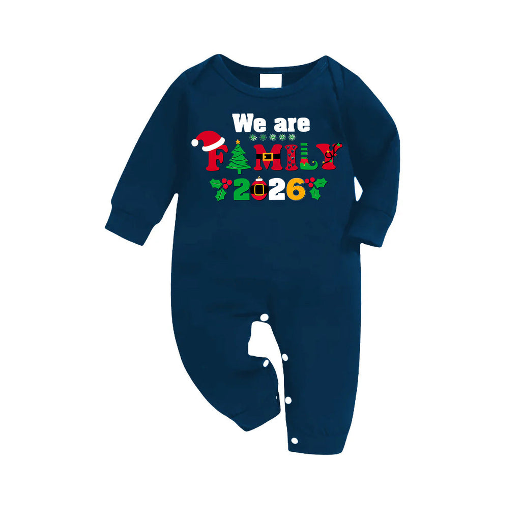 Christmas We are Family 2026 Letter Print Blue Long Sleeve Top With Blue Plaid Family Matching Pajamas
