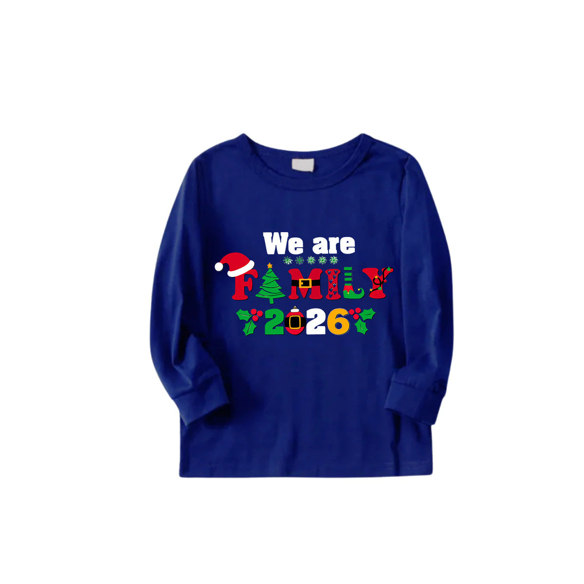 We Are Family Christmas 2026 Family Pajamas Set - Blue Top, Blue Pants, Blue Christmas Cartoon Sleeves