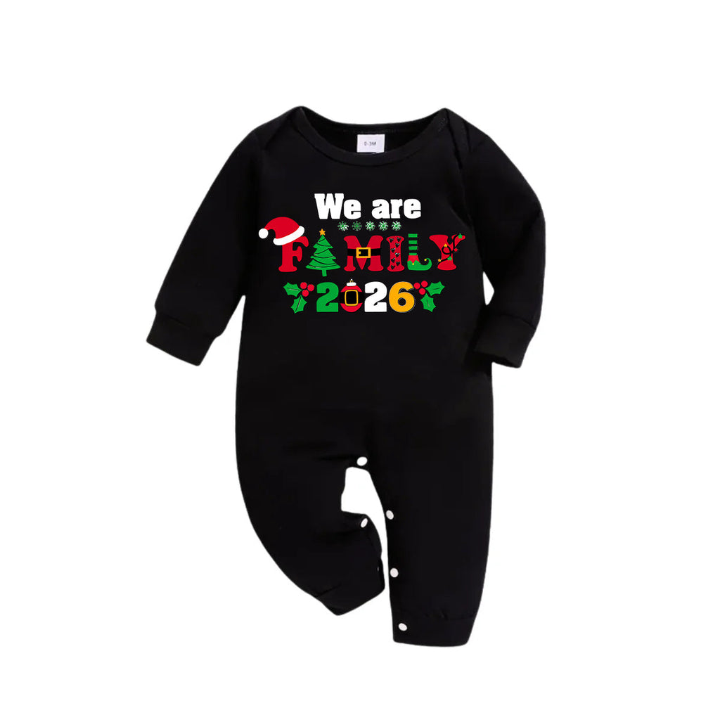 "We Are Family 2026" Coloful Text Pattern Black Long Sleeve Top