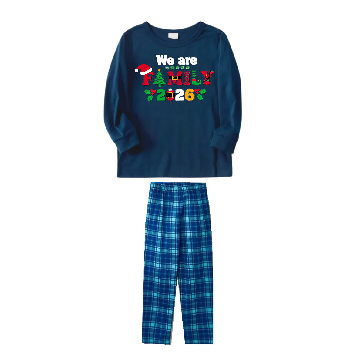 Christmas We are Family 2026 Letter Print Blue Long Sleeve Top With Blue Plaid Family Matching Pajamas