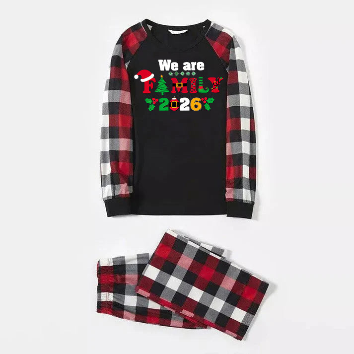 Christmas We are Family 2026 Letter Print Red & Black & Grey & White Plaid Family Matching Pajamas With Dog
