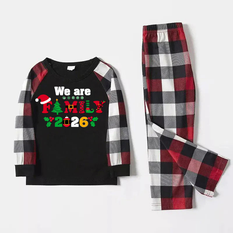 Christmas We are Family 2026 Letter Print Red & Black & Grey & White Plaid Family Matching Pajamas With Dog