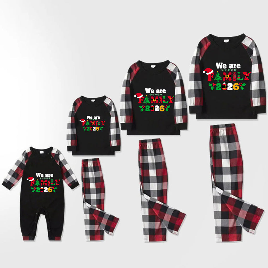 Christmas We are Family 2026 Letter Print Red & Black & Grey & White Plaid Family Matching Pajamas With Dog