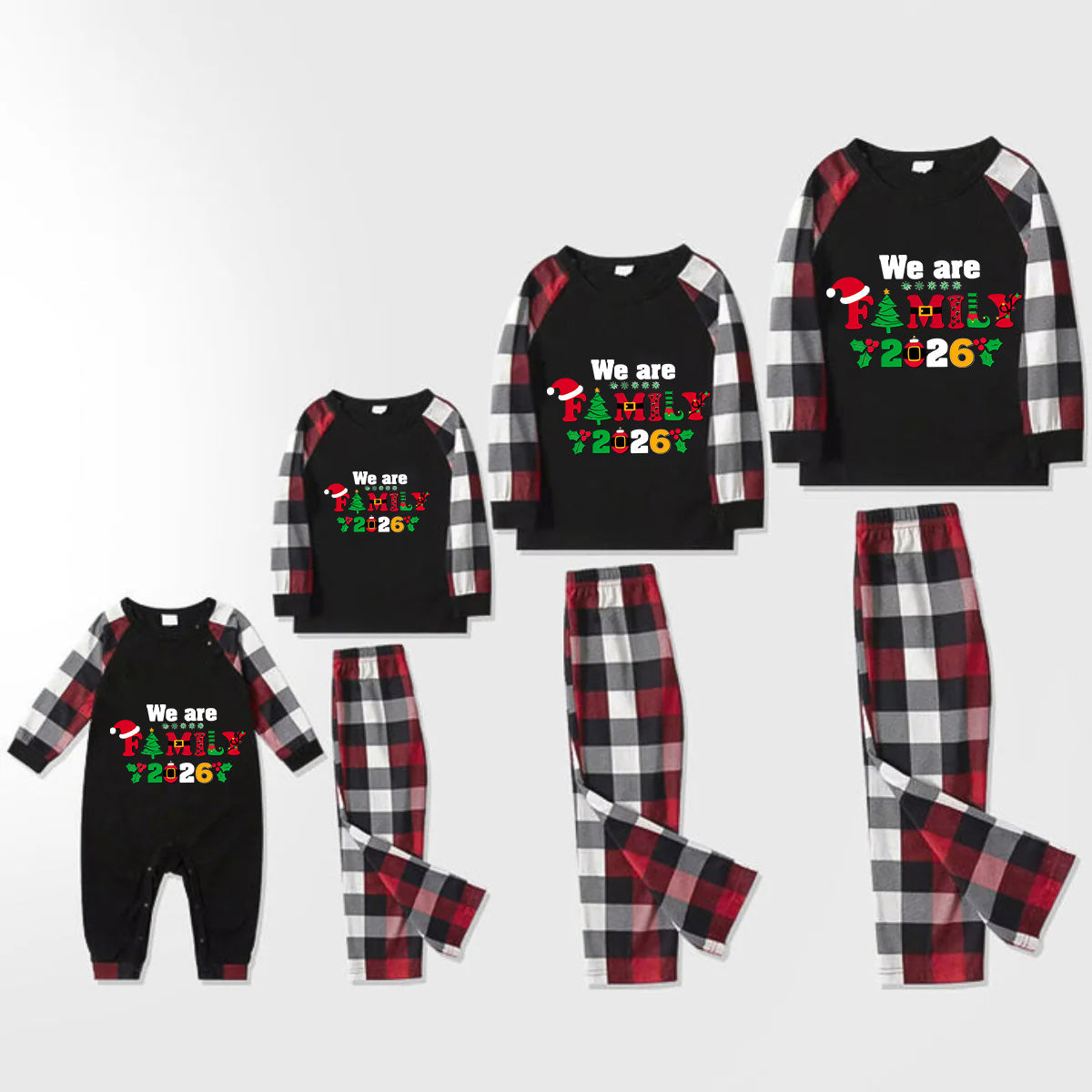 Christmas We are Family 2026 Letter Print Red & Black & Grey & White Plaid Family Matching Pajamas With Dog