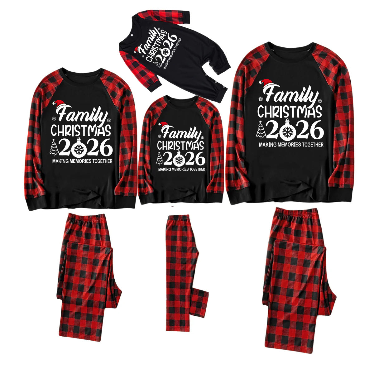 "Family Christmas 2026" Text Print Black & Red Plaid Family Matching Pajamas