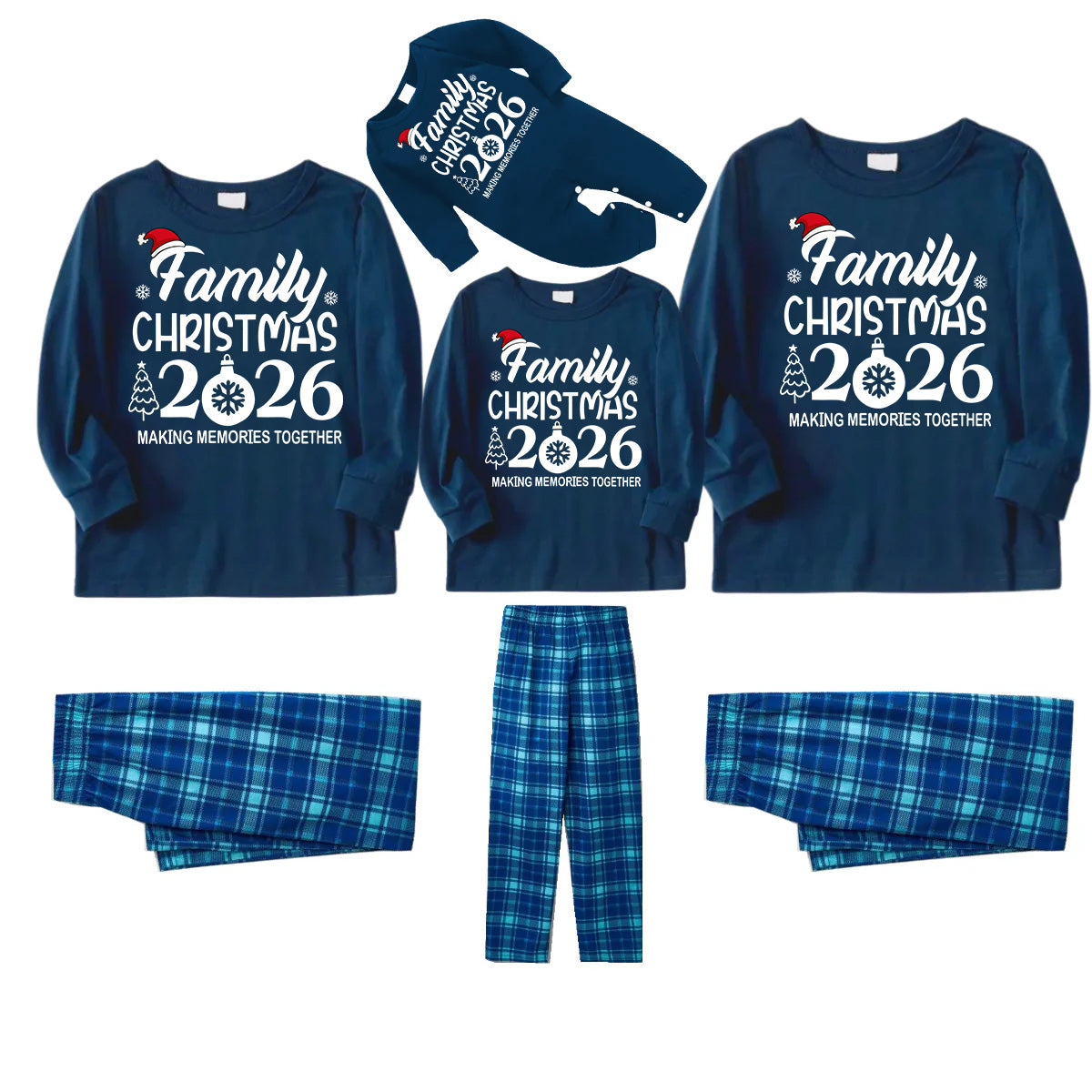 "Family Christmas 2026 " Text Print Blue Long Sleeve Top With Blue Plaid Family Matching Pajamas