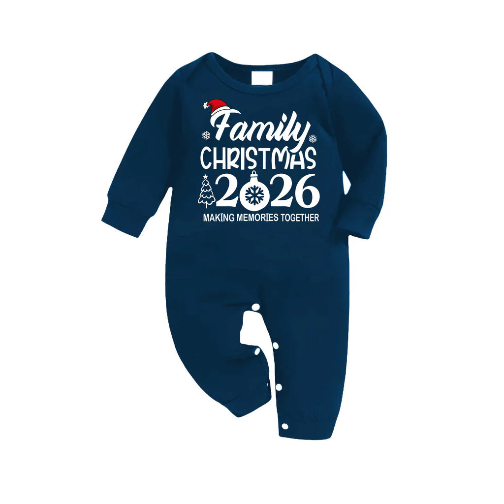 "Family Christmas 2026 " Text Print Blue Long Sleeve Top With Blue Plaid Family Matching Pajamas