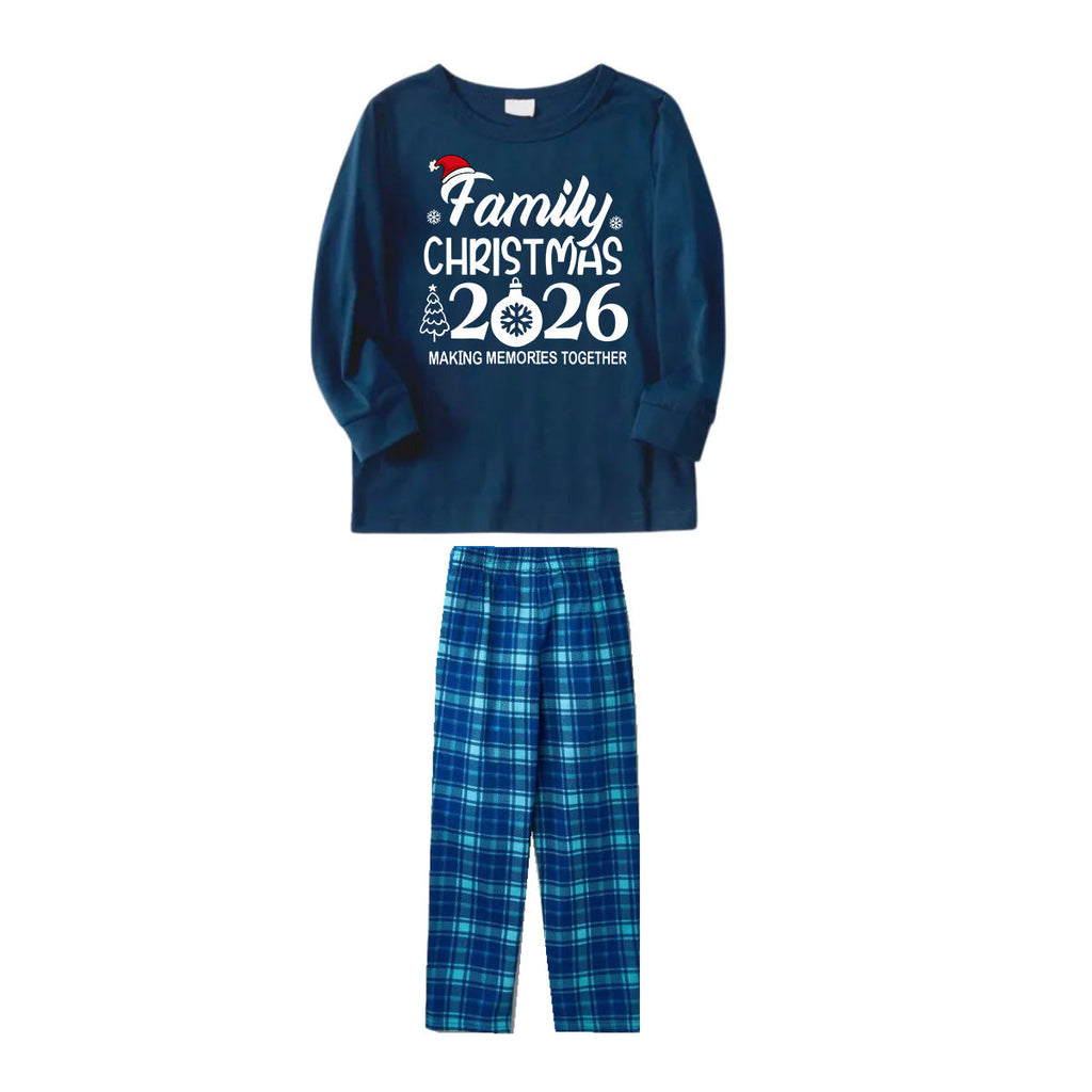 "Family Christmas 2026 " Text Print Blue Long Sleeve Top With Blue Plaid Family Matching Pajamas