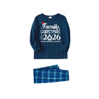 "Family Christmas 2026 " Text Print Blue Long Sleeve Top With Blue Plaid Family Matching Pajamas